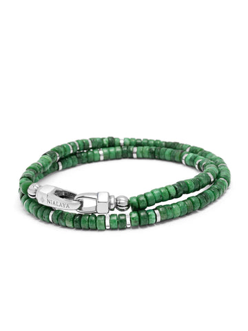 Nialaya Men's Beaded Bracelet Green Heishi Double Wrap Beaded Bracelet with Silver Green Heishi Double Wrap Beaded Bracelet with Silver
